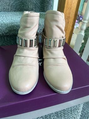 Fergie Beige Leather Ankle Boots with Jeweled Strap